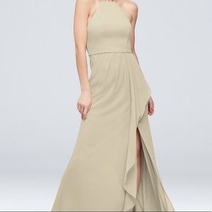 NWT David’s Bridal High Neck Chiffon Bridesmaid Dress with Cascade in Champagne